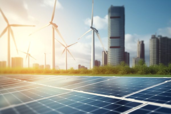 green-energy-concept-closeup-solar-cell-with-windmill-city-building-background green-energy-concept-closeup-solar-cell-with-windmill-city-building-background